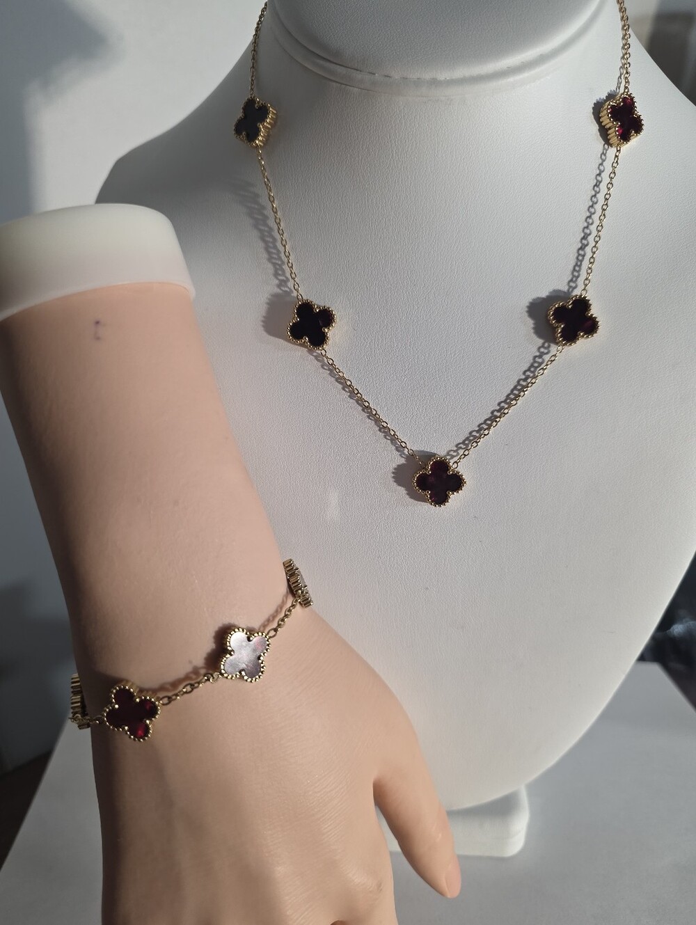Gold Clover Necklace and Bracelet Set with Dark Red and White Accents